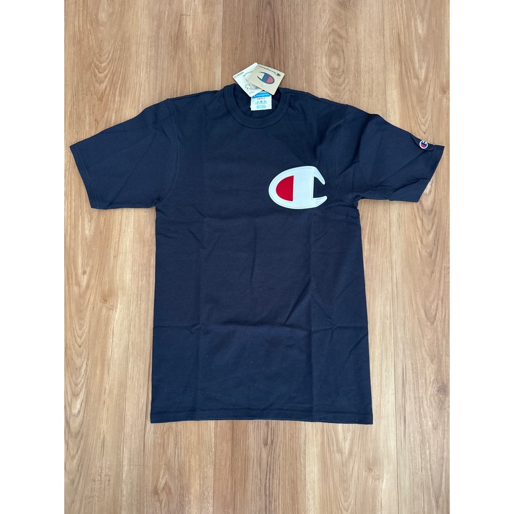 Champion Heritage Tee Navy Blue Big C Logo Patch Shirt Small GT19 Y07689